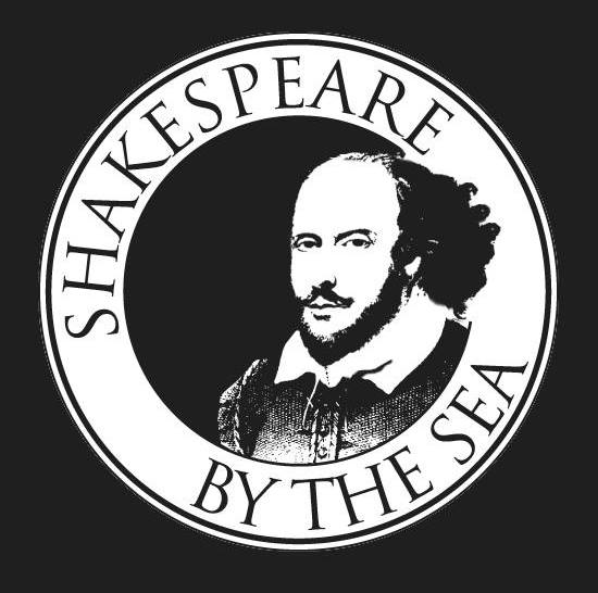 A white circle reading "Shakespeare by the Sea." Inside the circle is a picture of William Shakespeare with his hair blowing in the wind.