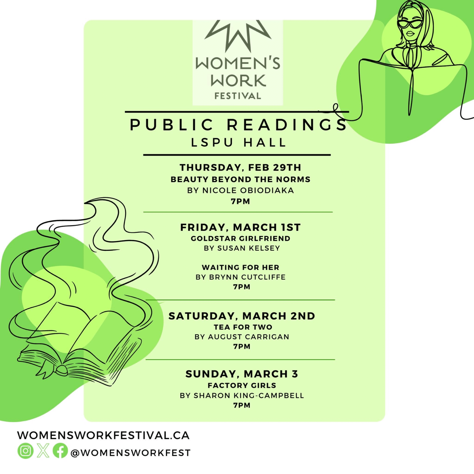 A green-forward summary of playreading events, featuring line drawings of a book and a woman at a podium. Text reads:
Women's Work Festival Public Readings, LSPU Hall
Thursday, Feb 29th
Beauty Beyond the Norms by Nicole Obiodiaka, 7pm
Friday, March 1st
Goldstar Girlfriend by Susan Kelsey
Waiting for Her by Brynn Cutcliffe, 7pm
Saturday, March 2nd
Tea for Two by August Carrigan, 7pm
Sunday, March 3
Factory Girls by Sharon King-Campbell, 7pm